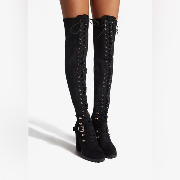 🆕 Tall Lace Up Block Heel Combat Boots in Black Micro 8 Wide Calf - Picture 2 of 4